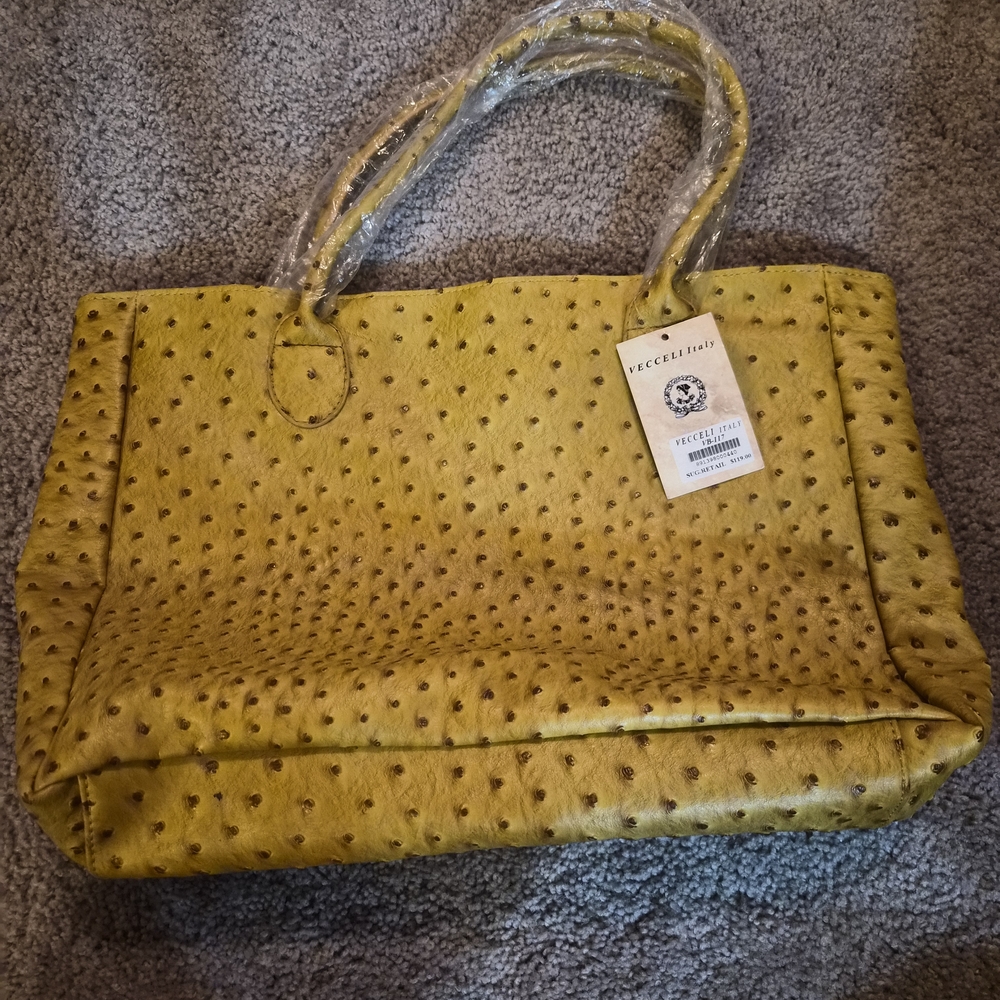 NWT Vecceli Italy Yellow Ostrich Style Tote Bag Large Statement Purse